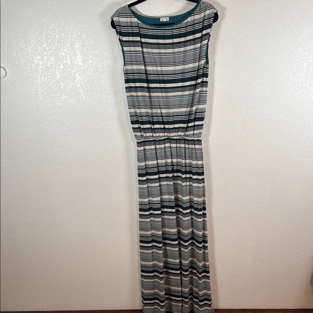 Garnet Hill Teal Tan Stripe Maxi Dress Modest Classic Size Medium